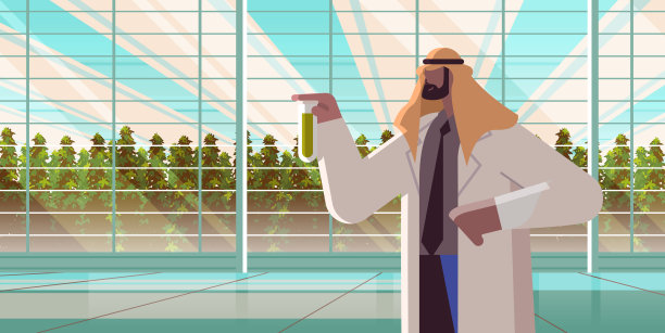 一名阿拉伯农夫在温室里研究植物图片下载