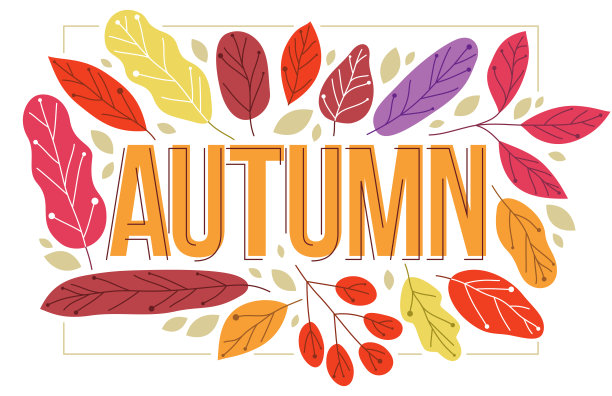 大秋字被红黄叶包围的欧洲森林矢量平面风格插图孤立上白，自然之美秋季节概念。图片下载