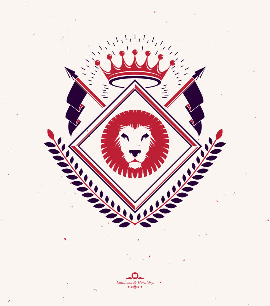 纹章标志使用矢量复古元素，月桂叶，狮子头和皇家皇冠。图片下载