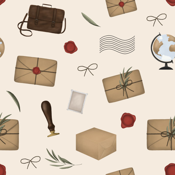 无缝图案与不同工艺棕色信封，红蜡海，地球灯，邮票，邮袋，纸箱，邮票封蜡白底。古董装饰。手绘图片下载