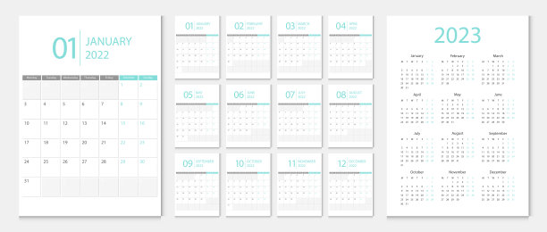 日历2022年，日历2023周周一开始企业设计模板矢量。图片下载