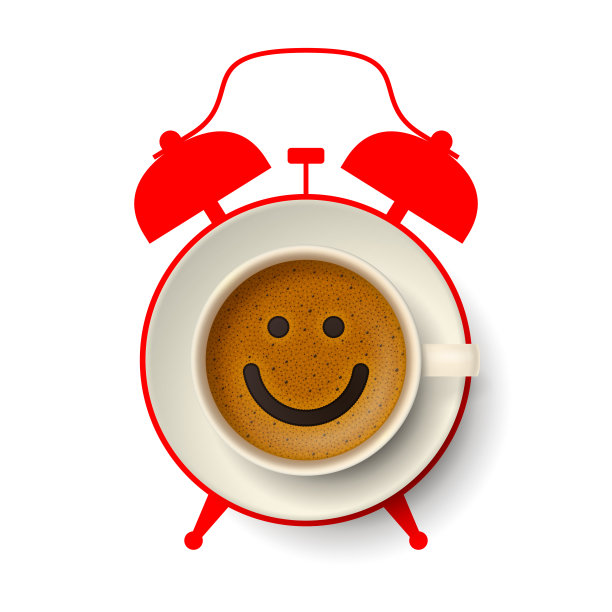 一杯咖啡配着幸福的笑脸，闹钟的剪影图片下载