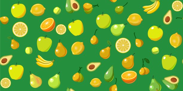 最受欢迎的水果是热带和温带的果树。的背景图片。卡通平的风格。苹果，梨，李子，香蕉，橘子，柠檬，柿子，鳄梨。明亮的多汁的颜色。向量图片下载