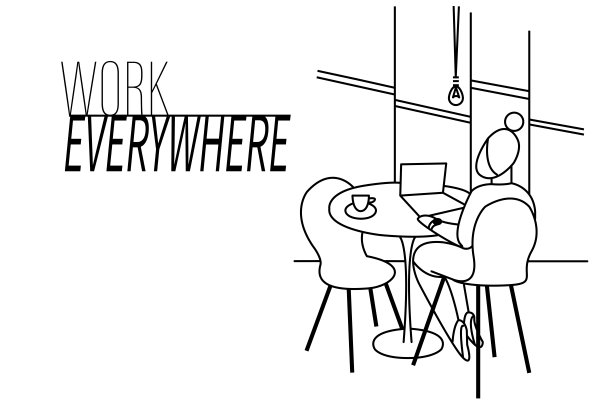 艺术线条插图。工作无处不在。业务在家里。那个女孩正坐在桌旁。在电脑前工作。她看着屏幕。一个有笔记本电脑的女孩。远程工作。咖啡馆图片下载