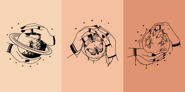 女人的双手，月亮，神圣的几何星星孤立。精神神秘主义的对象。矢量插图在黑色轮廓风格。深奥的神秘的魔法。图片下载