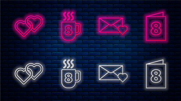 Set line咖啡杯与8三月信封与8图片下载