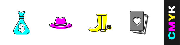 集钱袋、西部牛仔帽、牛仔靴和图片下载