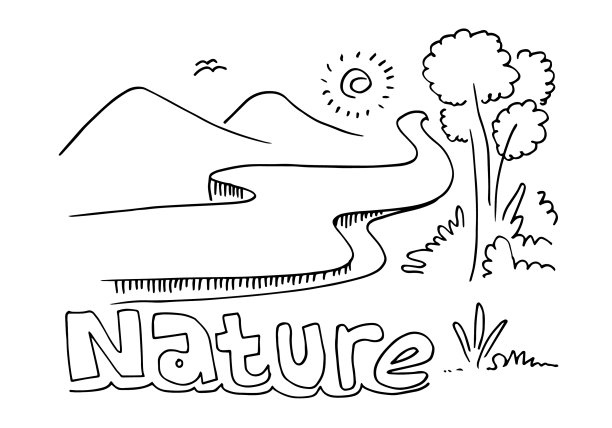 山在手绘风格与可爱的太阳图片下载