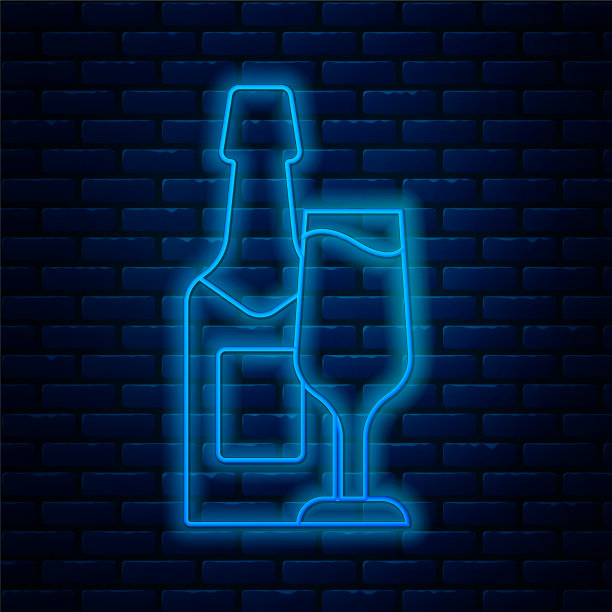 霓虹闪烁的香槟酒瓶和酒杯图片下载