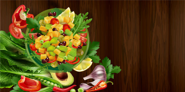 木桌上放着墨西哥色拉和鳄梨图片下载