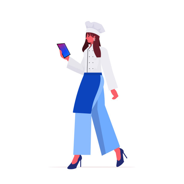 穿着制服的女厨师使用平板电脑图片下载
