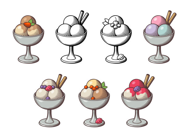 冰淇淋球在甜点碗。向量组图片下载