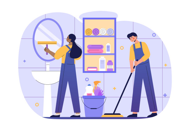 年轻的男性和女性角色担任清洁服务图片下载