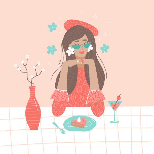 年轻漂亮的女人在咖啡厅吃着蛋糕喝着鸡尾酒。浪漫的单身女孩。社会距离。矢量插图卡通平面风格图片下载