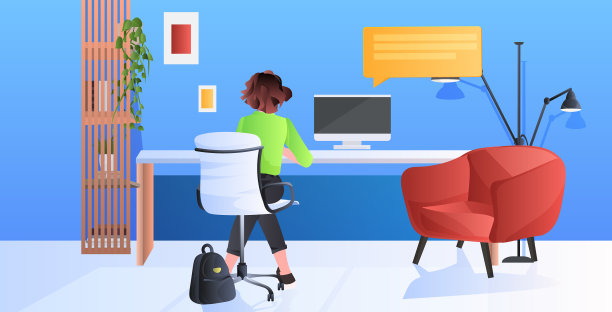 坐在工作场所用电脑聊天的女人图片下载