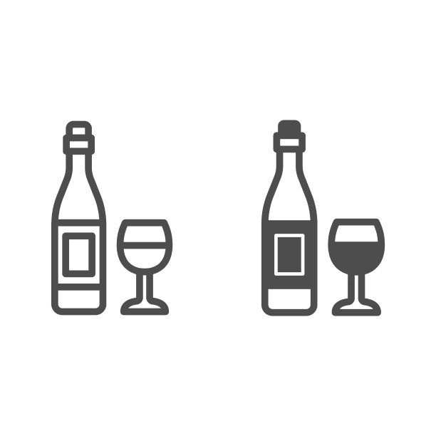 酒瓶和酒杯线条图标，酒厂概念，白色背景上的酒精饮料和酒杯矢量标志，移动概念和网页设计的轮廓样式图标。矢量图形。图片下载