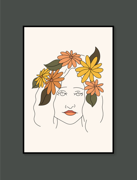 线条女人肖像与花卉抽象图片下载