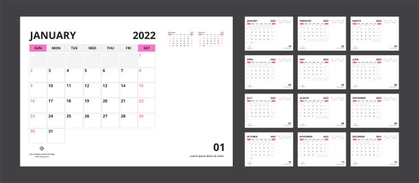 2022年日历规划模板公司设计周从周日开始。图片下载