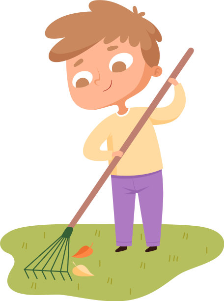 男孩收集树叶庭院在秋天的时候关怀图片下载