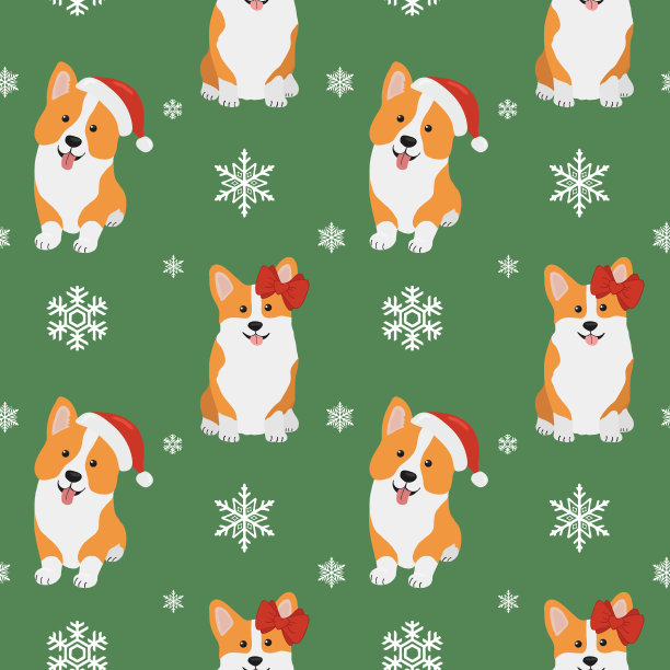 无缝图案与柯基在圣诞老人的帽子和雪花。背景为包装纸，贺卡和季节设计。圣诞快乐，恭贺新禧。图片下载