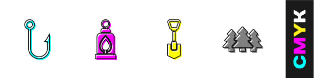 设鱼钩、野营灯、铁锹和图片下载