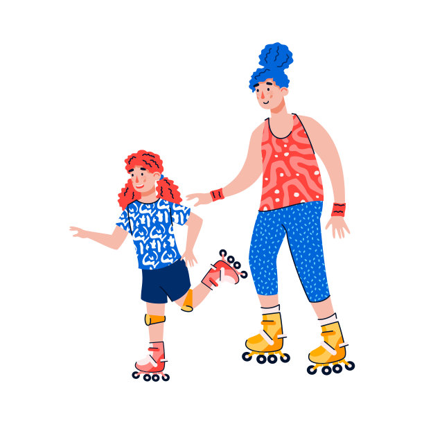 卡通女孩和妈妈滑旱冰-孤立素材图片