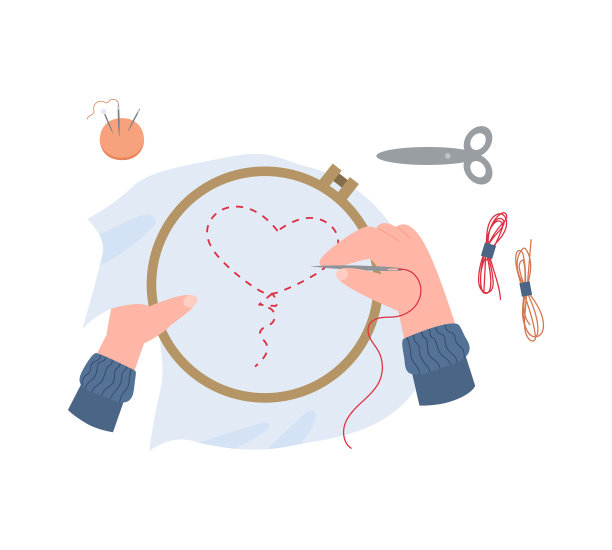 女性手握绣花架，正在做图片下载