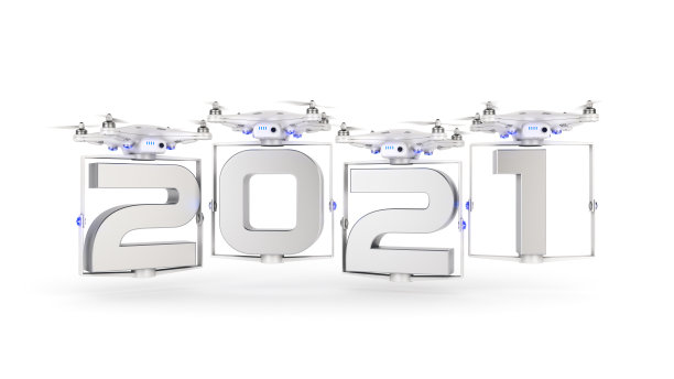 小型白色无人机概念2021新年标志。3 d渲染。图片下载