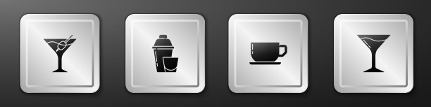 设马提尼杯、鸡尾酒调酒器、咖啡杯等图片下载