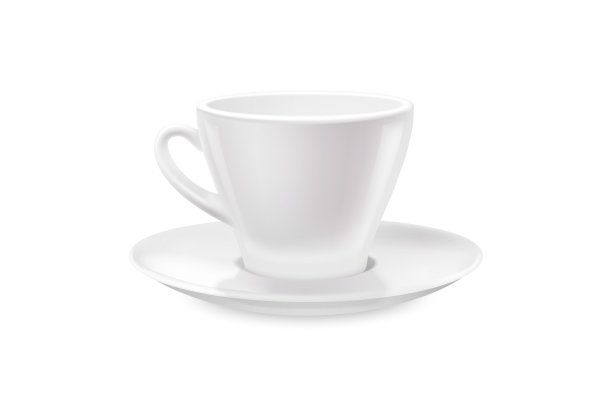 白色茶杯和茶托的饮料孤立在白色的背景。陶瓷咖啡杯或马克杯。仿古瓷器皿。图片下载