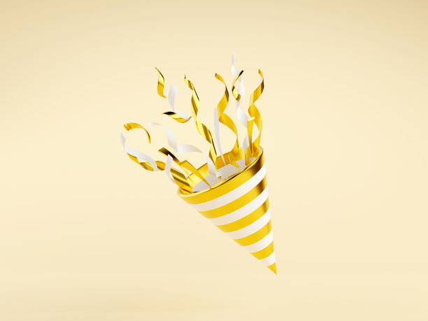 金色派对popper与飞行的五彩纸屑3d渲染插图。图片下载