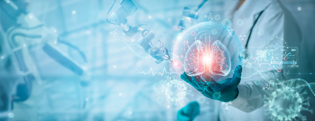 在实验室背景、创新和医疗技术中，医疗保健和医学、Covid-19、医生和机器人研究和诊断冠状病毒内部传播的虚拟人肺图片下载