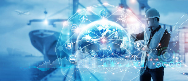 运输和物流，领班检查和控制港口背景，工业和进出口货物网络分布的时间。图片下载