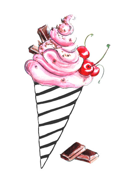 美丽的粉红色水彩抽象半透明冰淇淋在黑色轮廓华夫蛋筒樱桃和巧克力在白色背景。手绘精致的剪贴画，图像在草图风格图片下载