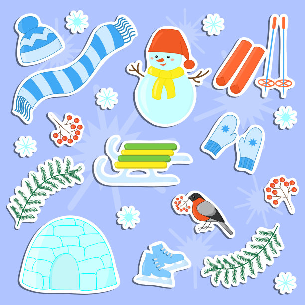 一套贴有冬季物品的贴纸图片下载