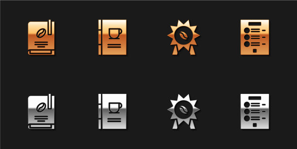 设置咖啡书奖章的咖啡和菜单图标图片下载