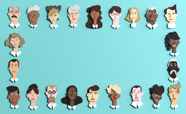 很多人的脸都是纸做的。人们的年龄和专业背景各不相同。剪纸设计3D渲染图片下载