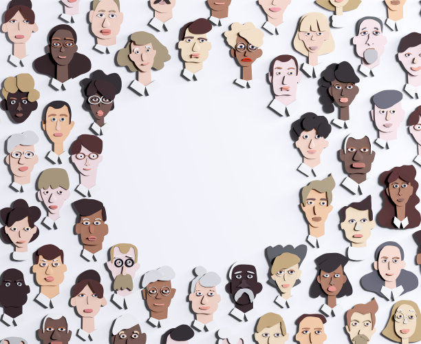 很多人的脸都是纸做的。人们的年龄和专业背景各不相同。剪纸设计3D渲染图片下载