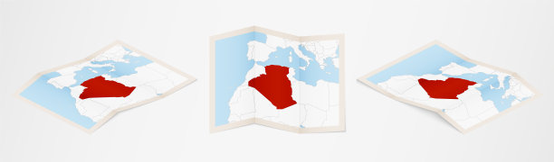 三种不同版本的阿尔及利亚折叠地图图片下载