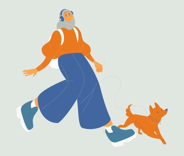 年轻的穆斯林妇女戴着头巾和她的狗散步。女性角色戴着耳机听音乐。向量概念说明。图片下载