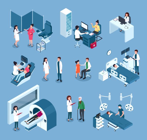 等距医院员工。医生，有医疗设备的外科医生医生检查病人。医护人员和患者向量集图片下载