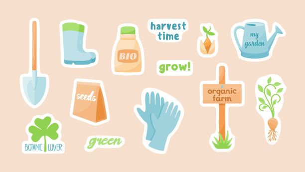园艺工具农场贴纸。带橡胶靴和手套的花园铲图片下载
