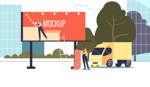 工人安装新的广告海报模型为户外广告在广告牌上图片下载