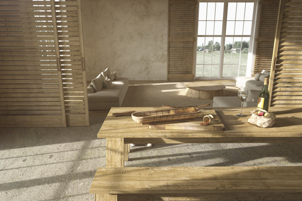 北欧风格的农舍。米色木制客厅内部和厨房。餐桌上摆满了食物。3 d渲染插图。图片下载