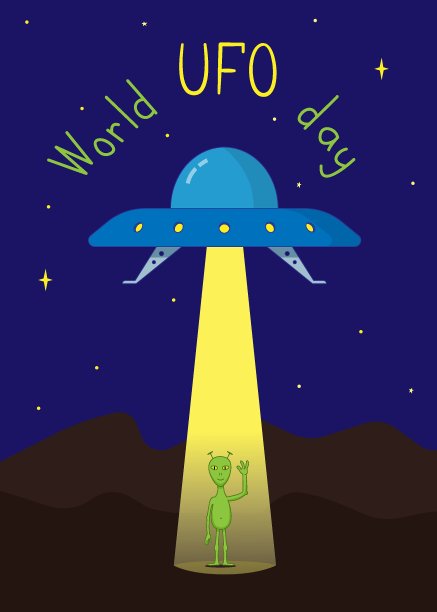 世界UFO日。一个有玻璃穹顶和探照灯光束的飞碟，一个人形机器人站在里面挥手。彩色孤立插图在白色卡通风格。图片下载