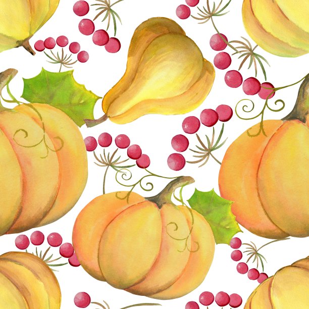 装饰用的黄色南瓜，绿色的叶子，红色的浆果图片下载