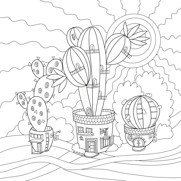 成人和儿童涂色书。有仙人掌的室内花盆，夏天和炎热的太阳图片下载