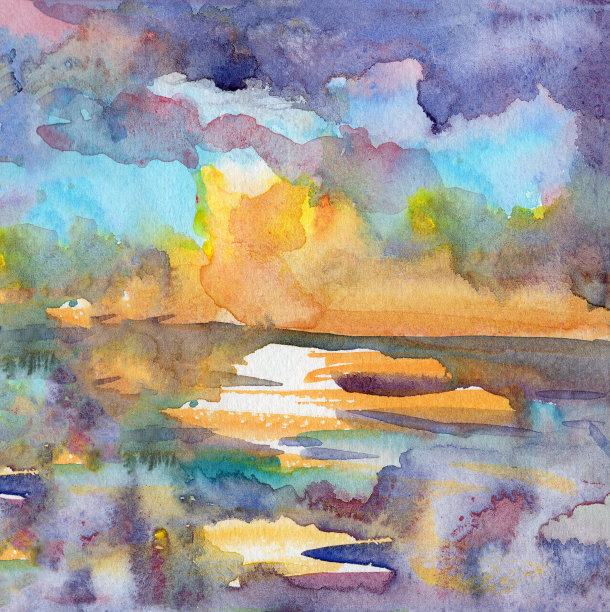 手绘海景水彩素描。海洋或海洋绘图。夏季热带度假。蓝色、紫色、橙色和黄色多云的太阳落在天空。自然与生态。用于明信片、海报及印刷品图片下载