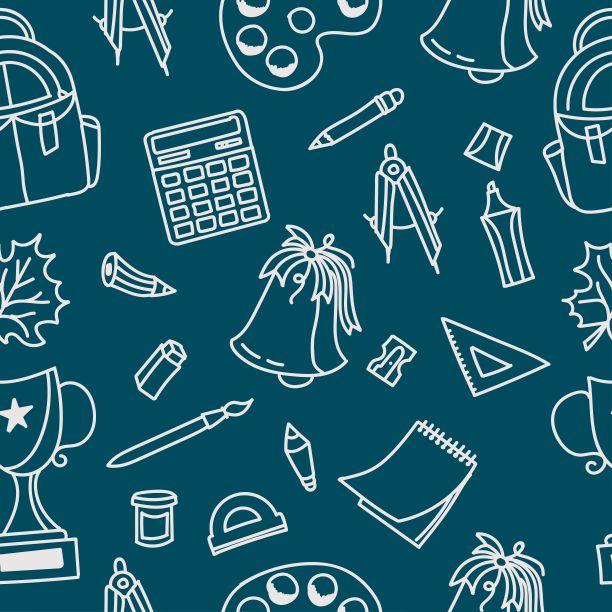 一个以学校为主题的图案和学习用品。矢量图图片下载