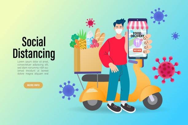 新冠肺炎疫情期间在家安全送餐。送餐员手里拿着一包快餐，戴着口罩和手套。图片下载